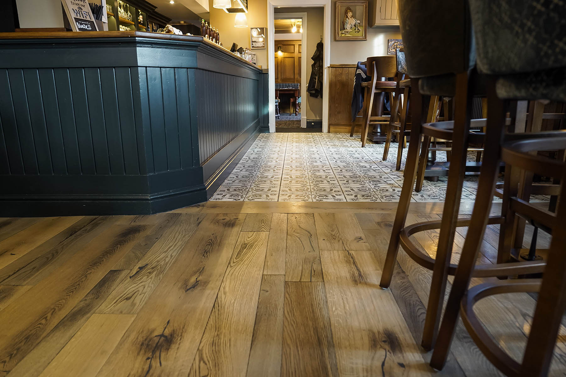 Authentic and inviting wood floors at Stoney Stanton’s Blue Bell.