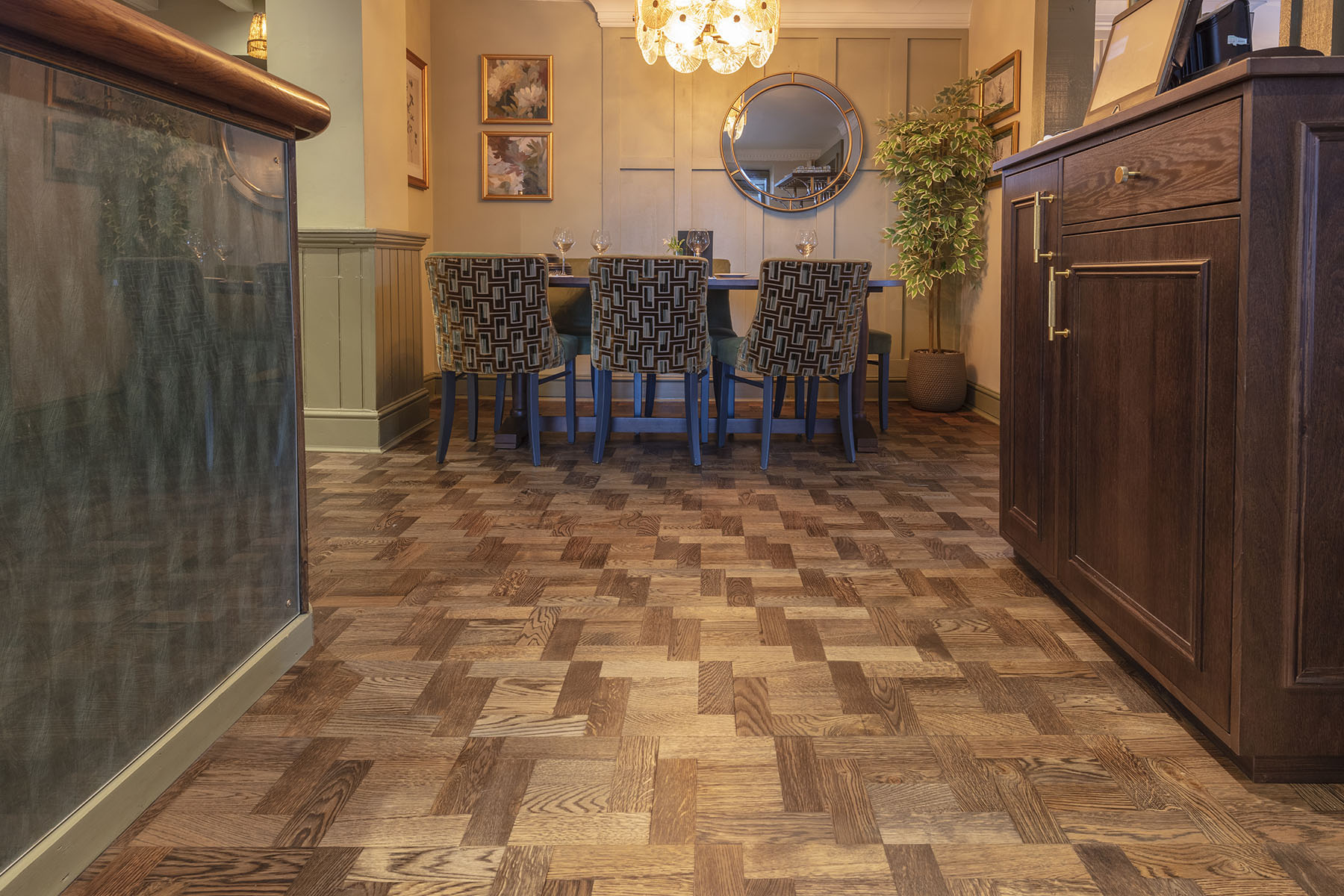 Close-up of engineered basketweave panels, highlighting JackEvie’s precision craftsmanship and elegant parquet wood design.