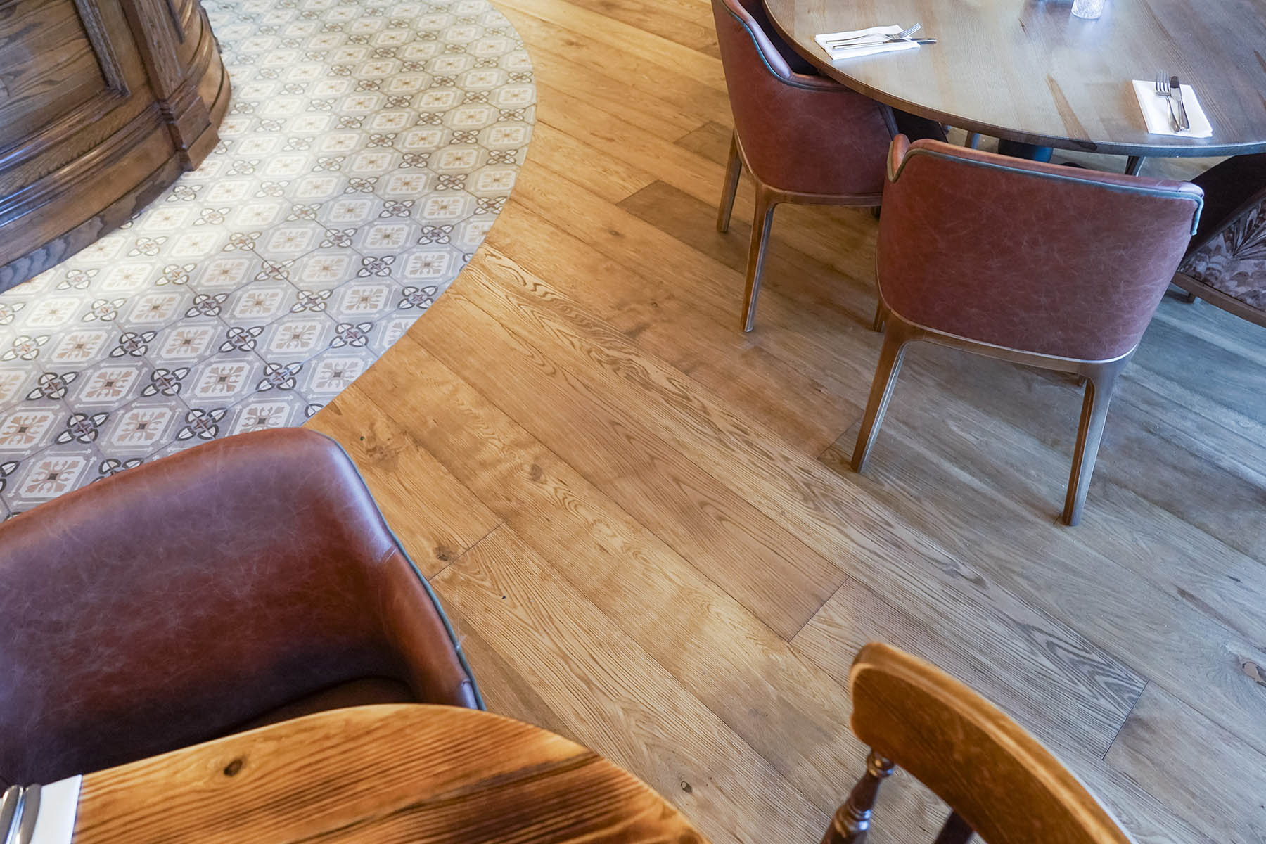 Stylish bar area at The Hornsmill featuring Anstey Lane flooring with wide planks and micro-bevelled edges for a rustic, timeless look.