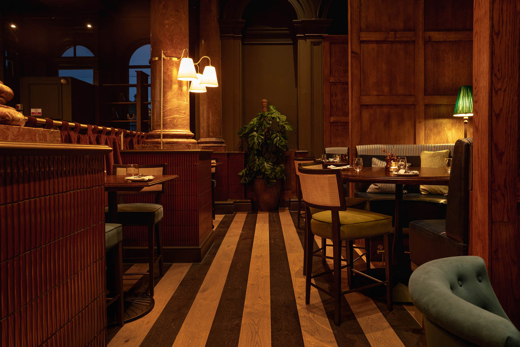 Custom striped wood flooring at Milsom Restaurant, Bath.