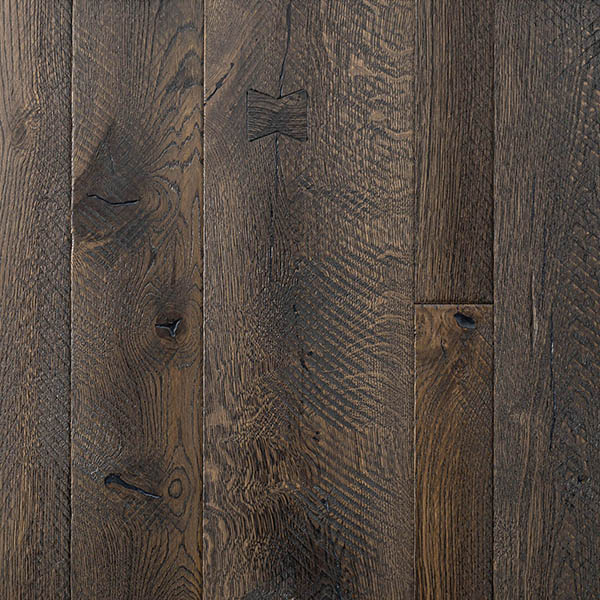 Dark grey mixed width engineered oak with tongue and groove profile, cobbled edges on all four sides