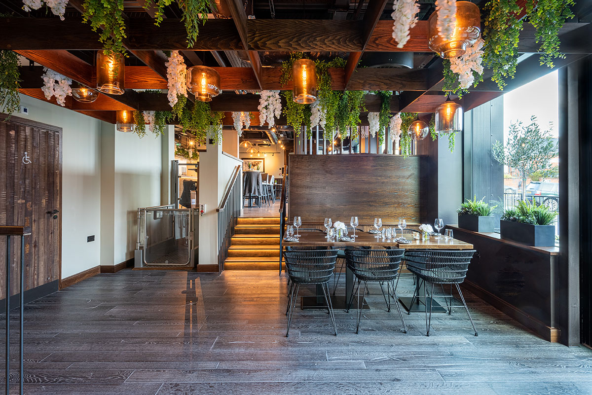 Commercial wood flooring in a restaurant setting
